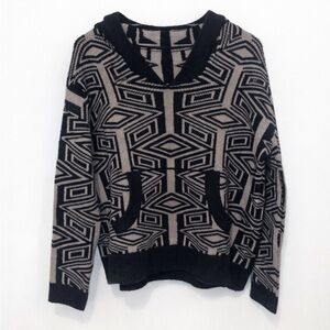 Free People Baia Hooded Geometric Knit Pullover Sweater Gray Cream Size S